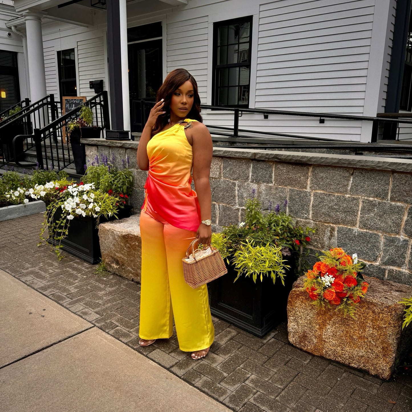 Sunset Bloom Two-Piece Set- The halter-styled crop top, adjustable for comfort with flattering open back style and wide legged pants. Two-pieces white set with floral design, perfect for vacation-ready Glam in the sun, tropical set. 